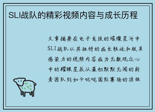 SLI战队的精彩视频内容与成长历程