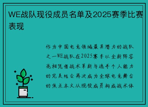 WE战队现役成员名单及2025赛季比赛表现
