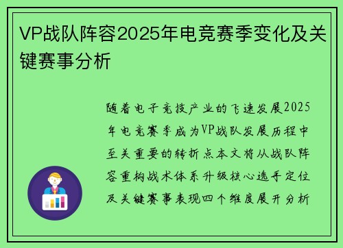 VP战队阵容2025年电竞赛季变化及关键赛事分析